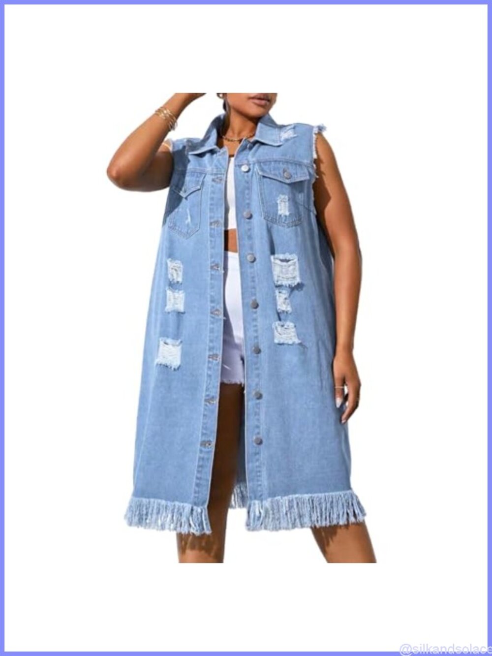 Plus Size Distressed Denim Vest Oversized Longline Sleeveless Button Front